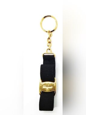Salvatore Ferragamo Gold Buckle Black Ribbon Keychain box included